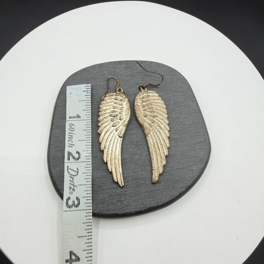 Gold Tone Angel Wing Feather Long Dangle Drop Earrings Boho Statement Jewelry